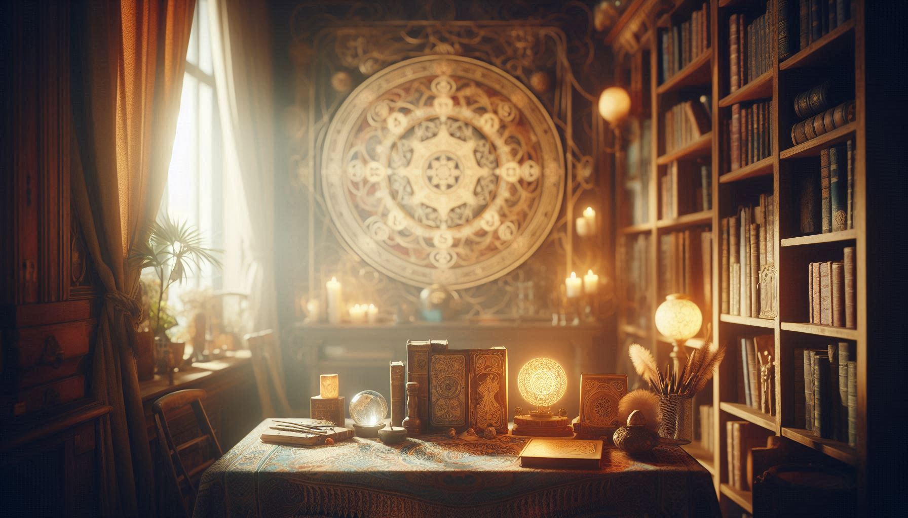 Cozy mystical space with tarot cards, a crystal ball, and an astrological chart on a decorated table